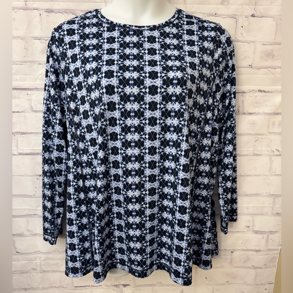 J. Jill 2X Fit Long Crew‎ Neck Tee Tie Dye Shirt Top Blue White Stretchy Comfort